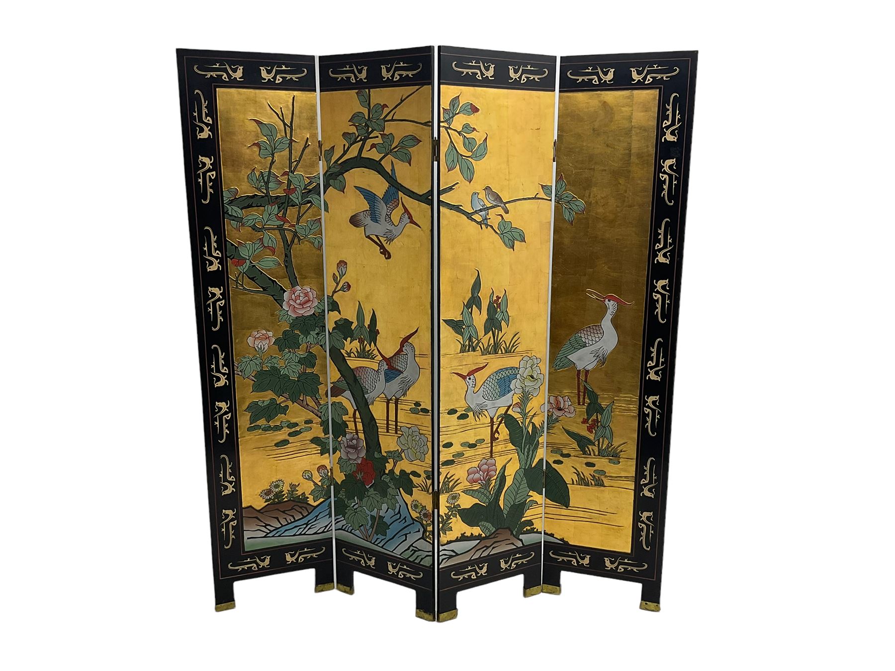 Chinese four panel folding screen, black lacquered with painted decoration