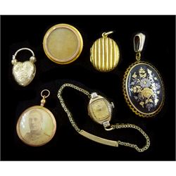  Victorian and later jewellery including gilt heart locket clasp, tortoise shell pendant, with applied gold and silver decoration, both with glazed reverse, rose gold pendant and a gold brooch, both 9ct, gold-plated locket and an early 20th century ladies gold-plated wristwatch by Rolex