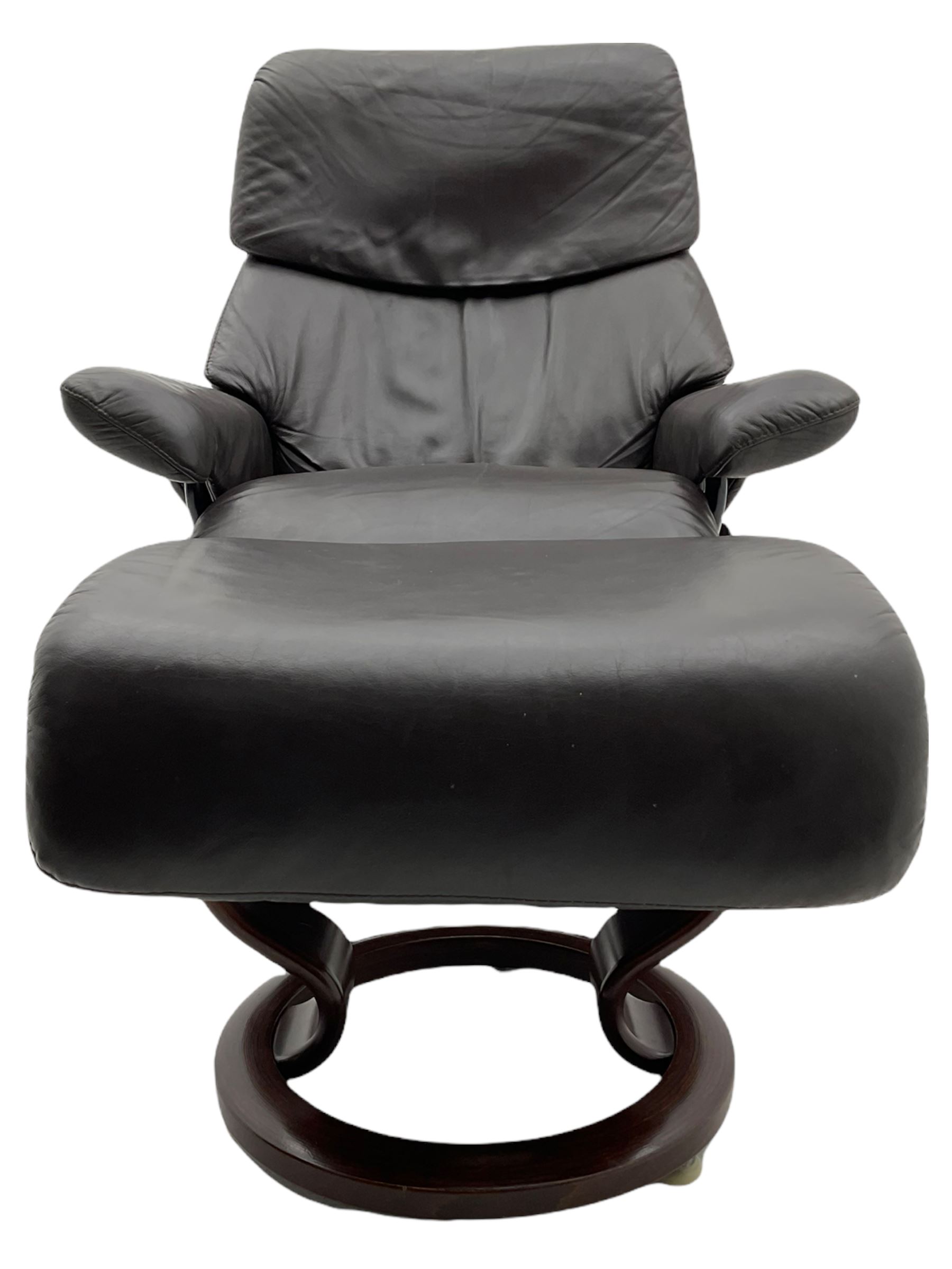 Ekornes Stressless - swivel reclining armchair with adjustable headrest, upholstered in cocoa brown leather, with matching footstool