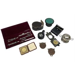 Compass technical drawing set in fitted case, gold plated Cinque Port halfpenny token in case, two late 19th century medals to include 1880 medical jurisprudence, other metalware etc