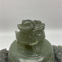 Two piece Chinese censer, sculptured hardstone, with ring and dragon-head handles and foo dog finial , H21cm