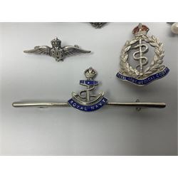 Five sterling silver sweetheart brooches - enamelled Royal Navy, enamelled RAMC, two graduated RAF and cultured pearl and paste flaming grenade stick-pin (5)