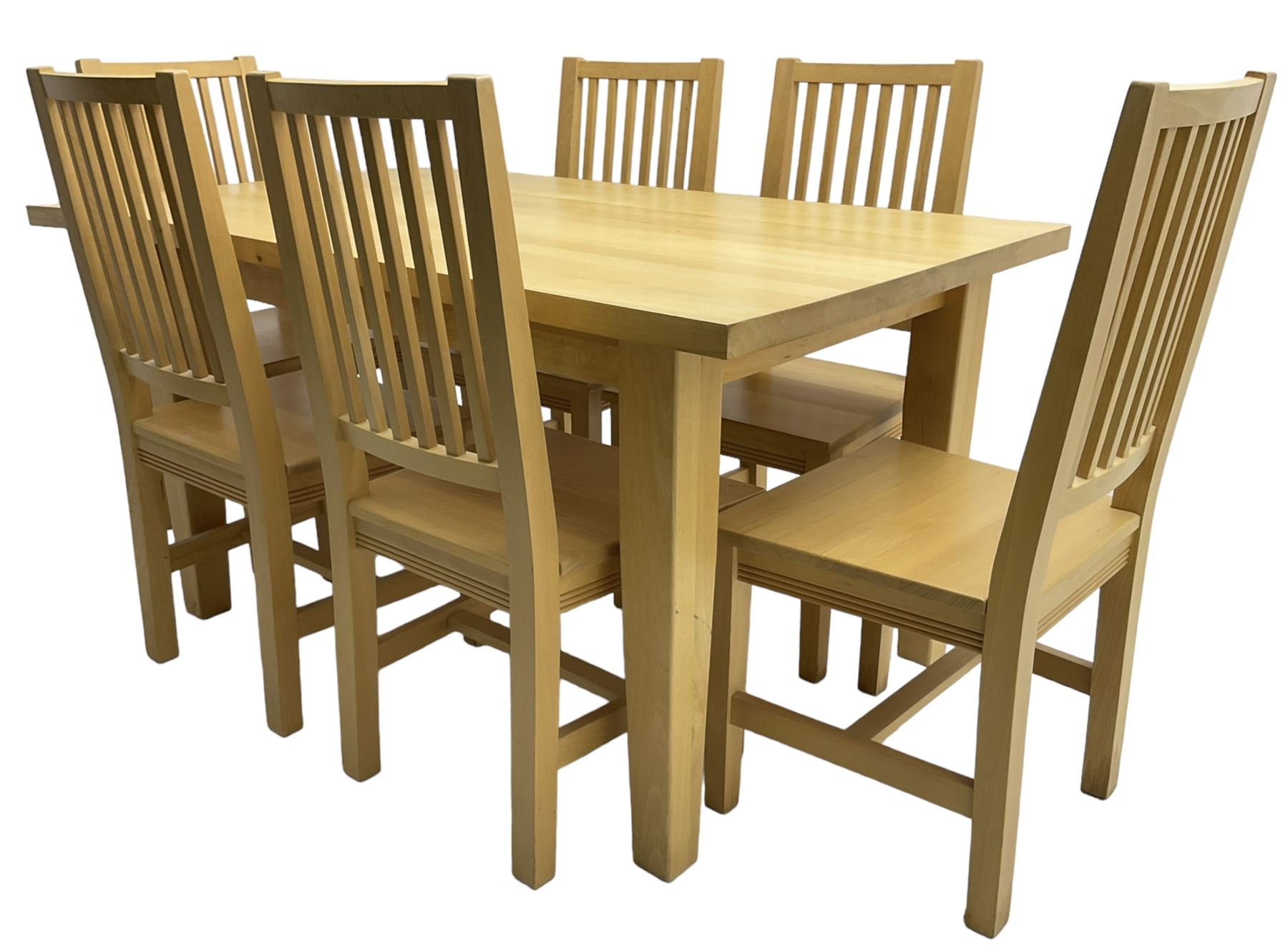 Solid beech rectangular dining table (89cm x 135cm - 160cm, H77cm); together with a set of five beech dining chairs