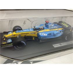 Five Mattel Hot Wheels 1:18 scale die-cast racing cars - Ferrari 248F1 Michael Schumacher, Renault F1 Team R25 Fernando Alonso, Williams F1 Team Williams FW28 Mark Webber, Jordan 199 Damon Hill and Williams F1 Team BMW; all boxed (5)