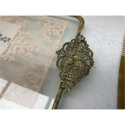 Vintage KIGU compact applied with marcasite birds, Stratton compact, embroidered gilt metal dressing table set, miniature bisque doll, scent bottles, silver-backed dressing table brush and hand mirror, Dutch and other Continental silver teaspoons etc 