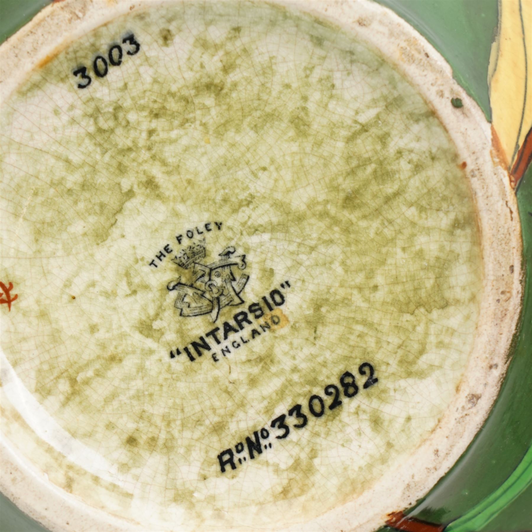 Art Nouveau Foley 'Intarsio' vase by Charles Wileman, c.1898, printed marks to base, H21cm; with a 19th century 'God Speed the Plough' pearlware jug, decorated with poem and farming motifs, H15cm (2)