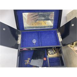 9ct gold cased ladies wristwatch on gilt metal strap, Victorian and later costume jewellery, to include rolled gold, silver and gold plated items, including Albertina bracelet, buckle locket penguin charm and charm bracelet etc, in various jewellery boxes