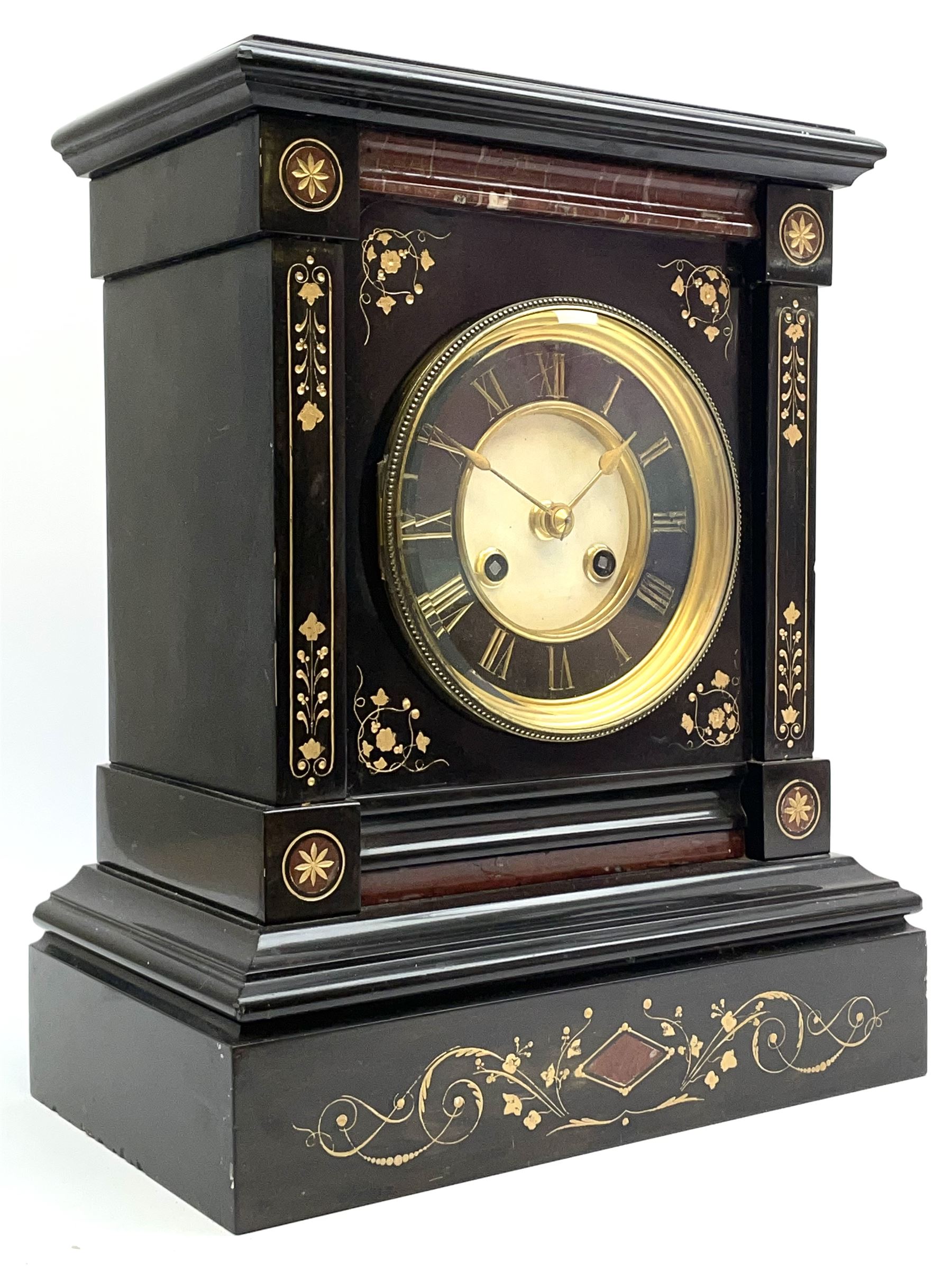 Victorian black slate cased mantel clock, with rouge marble, engraved and gilt decoration, circular dial with Roman chapter ring, twin train eight day movement with brocot escapement, striking the hours and halves on bell, the movement back plate stamped 'B.R 39549 498'