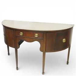 Regency design mahogany demi-lune sideboard, fitted with single drawer and shaped apron, w...