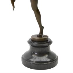  Art Deco style bronze figure of a female dancing with flame torches, raised upon marble socle base, signed F. Paris, H43cm