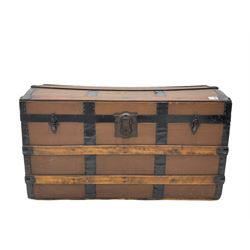 Mid to late 20th century metal and wooden bound chest, domed hinge lid