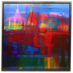 Gillian Ross Kelsey (British 1935-2025): 'Night Garden', acrylic glaze on board, signed and titled verso 91cm x 91cm 