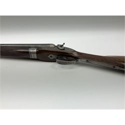 19th century Purdey 12-bore side-by-side double barrel black powder hammer gun, 76cm cylinder bored un-choked barrels with 2.5