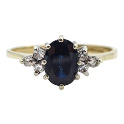 9ct gold oval sapphire and round brilliant cut diamond cluster ring, London 1985