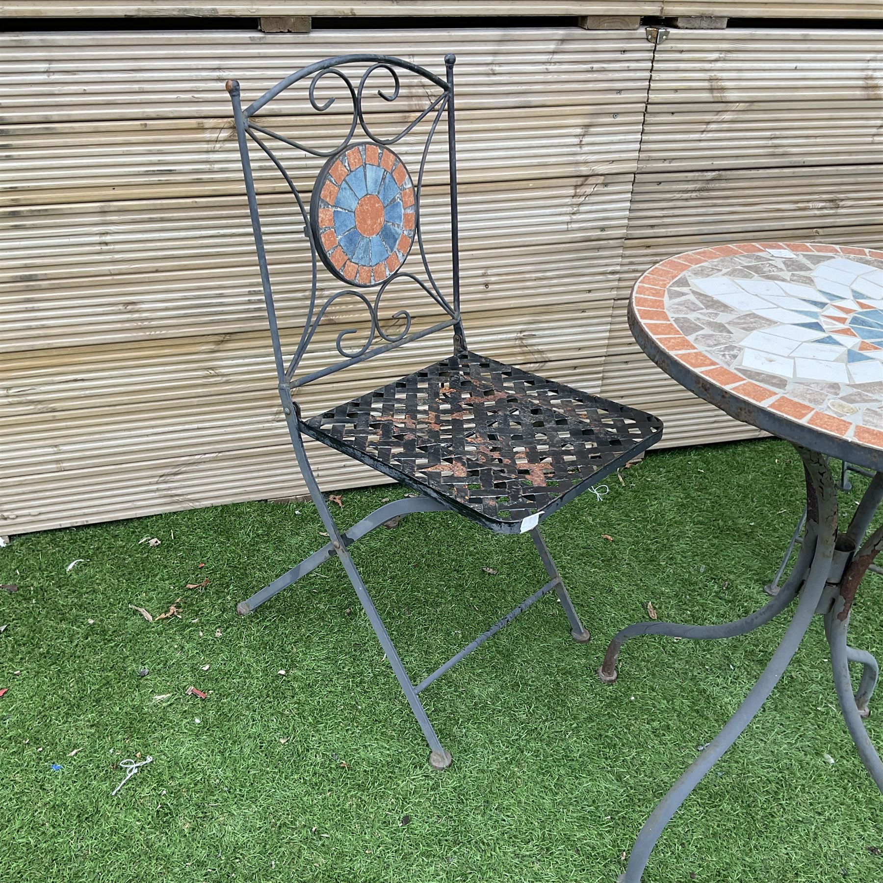 Mosaic garden table and two folding chairs - THIS LOT IS TO BE COLLECTED BY APPOINTMENT FROM DUGGLEBY STORAGE, GREAT HILL, EASTFIELD, SCARBOROUGH, YO11 3TX