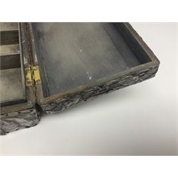 Liberty & Co Tudric pewter cigarette box, of plain rectangular form, with planished decoration to the slightly domed cover, opening to reveal a softwood interior, stamped Made in England 01234 Tudric Solkets beneath, together with another cigarette box, with applied pewter panels repousse decorated throughout with flower heads and leaves, with compartmentalised softwood interior, largest H5.5cm, W23cm