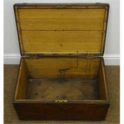  19th century oak metal bound trunk, hinged lid, castor supports, W60cm, H33cm, D38cm   