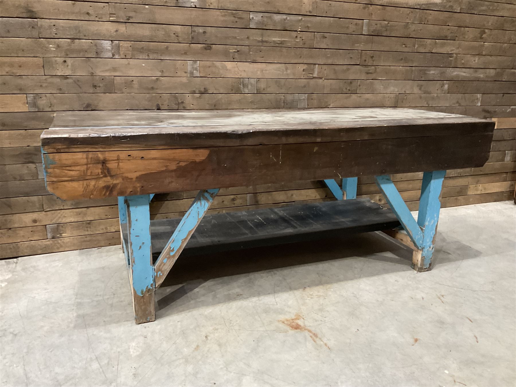 Large timber work bench with central glass section, and two pairs of vintage wooden step ladders (3)