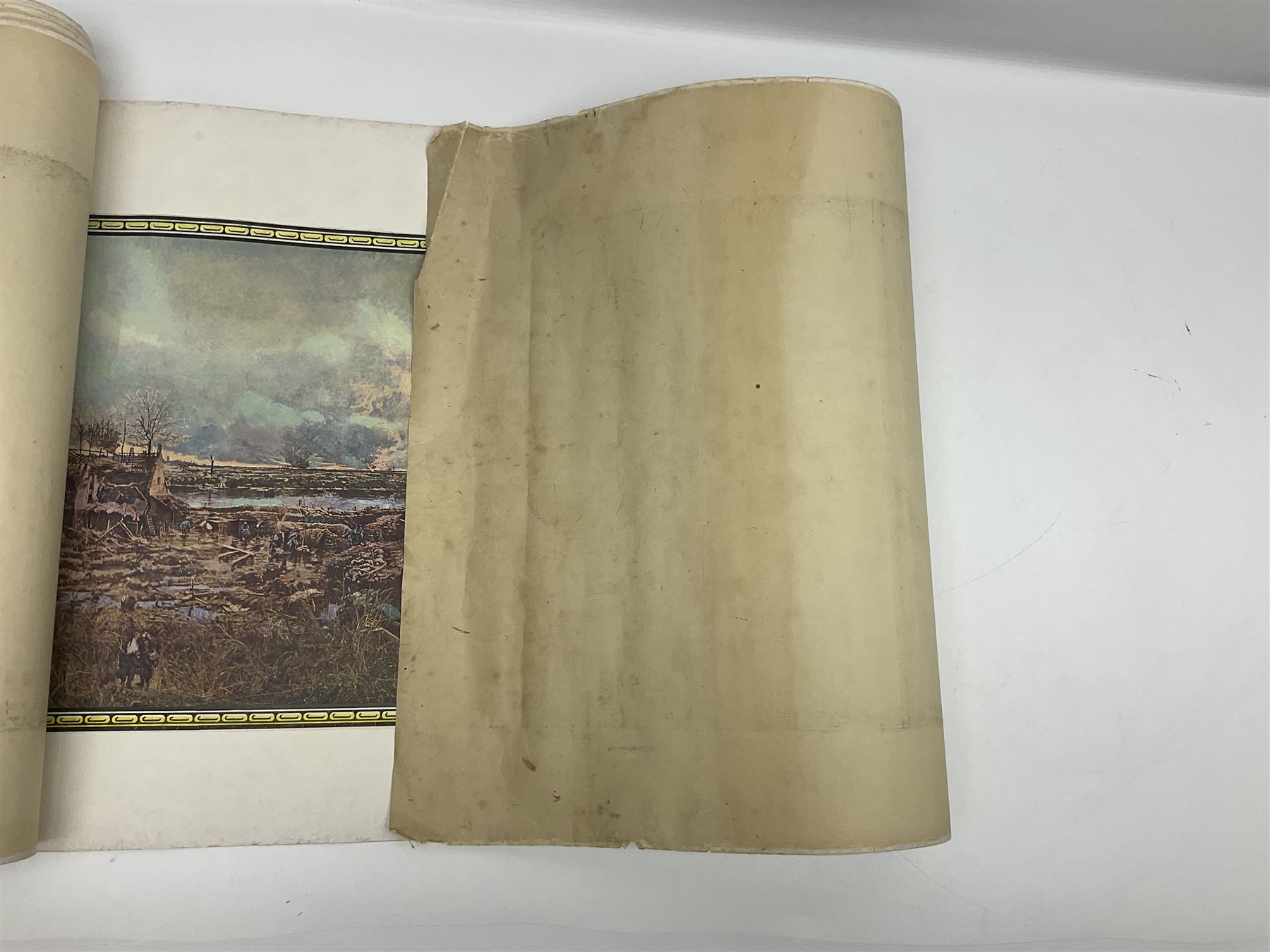 After A. Bastien, very long WW1 panoramic colour print entitled 'Panorama of the Battle of the Yser in 1914' depicting Ypres, Dixmude, Boucle de Tervaete, Nieuport (2) and region des Dunes, flanked by Flags of the Allies 45 x 337cm; unframed