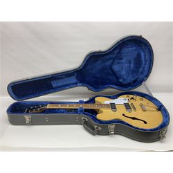 Epiphone Casino NA semi-acoustic guitar with natural maple finish and P90 pick-ups, serial no.19061529340, L105cm overall; in original hard carrying case