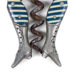 19th Century German novelty folding Corkscrew in the form of a pair of ladies legs in blue and white stockings, H7cm