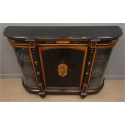  Victorian satin wood cross banded ebonised credenza, frieze and central door painted with winged inset, enclosed by a pair of glazed doors, turned ebonised columns and brass bedded detail on bun feet, W154cm, H110cm, D45cm  