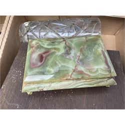 Onyx box with claw feet, together with gilt framed mirror, cut glass vase and other collectables, in three boxes 