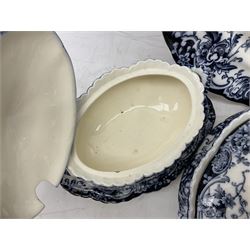 Late Victorian blue and white Chatsworth K Mayers & Co dinner wares, to include four lidded tureens, ladle, nine dinner plates, meat plate etc