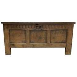 17th oak coffer or blanket chest, rectangular triple panelled hinged top, over an arcade carved frieze and panelled front, on stile supports