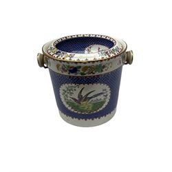 Copeland Spode slop bucket or pail with raffia wrapped handle, decorated with panels of exotic birds against a blue band, with printed mark beneath, not including handle H27.5cm, D28cm