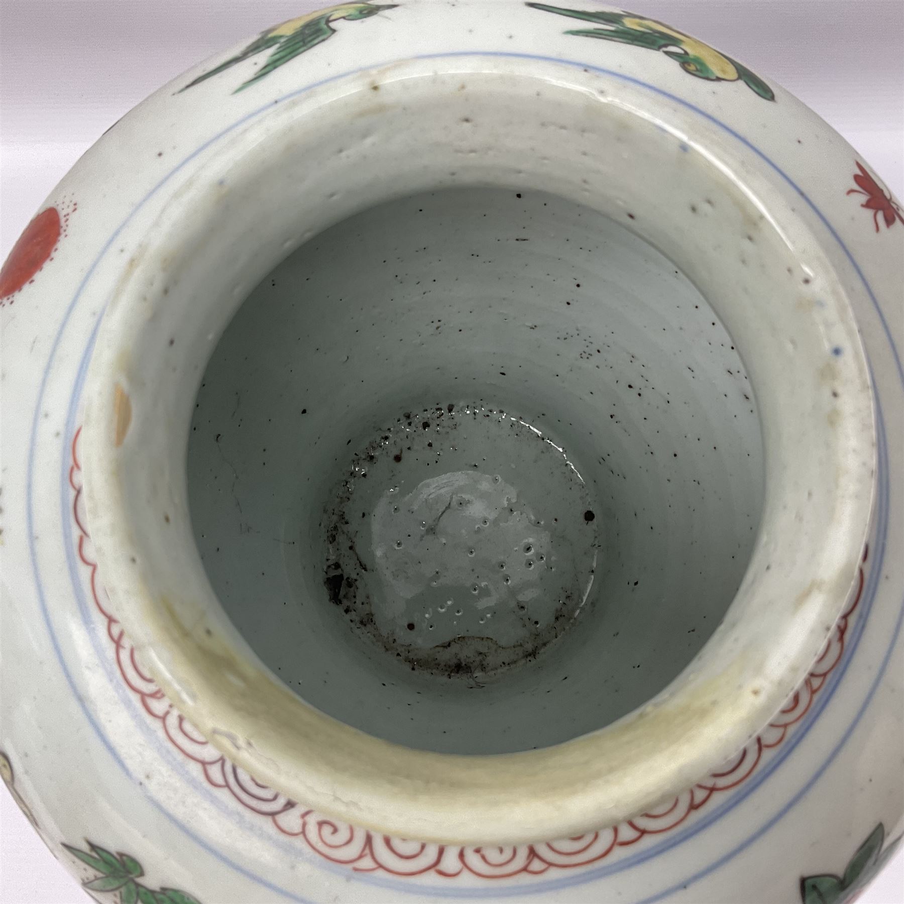 19th century Chinese Wucai vase and cover, decorated  with peacock on blue rockwork and other birds flying amongst tree peonies, H43cm