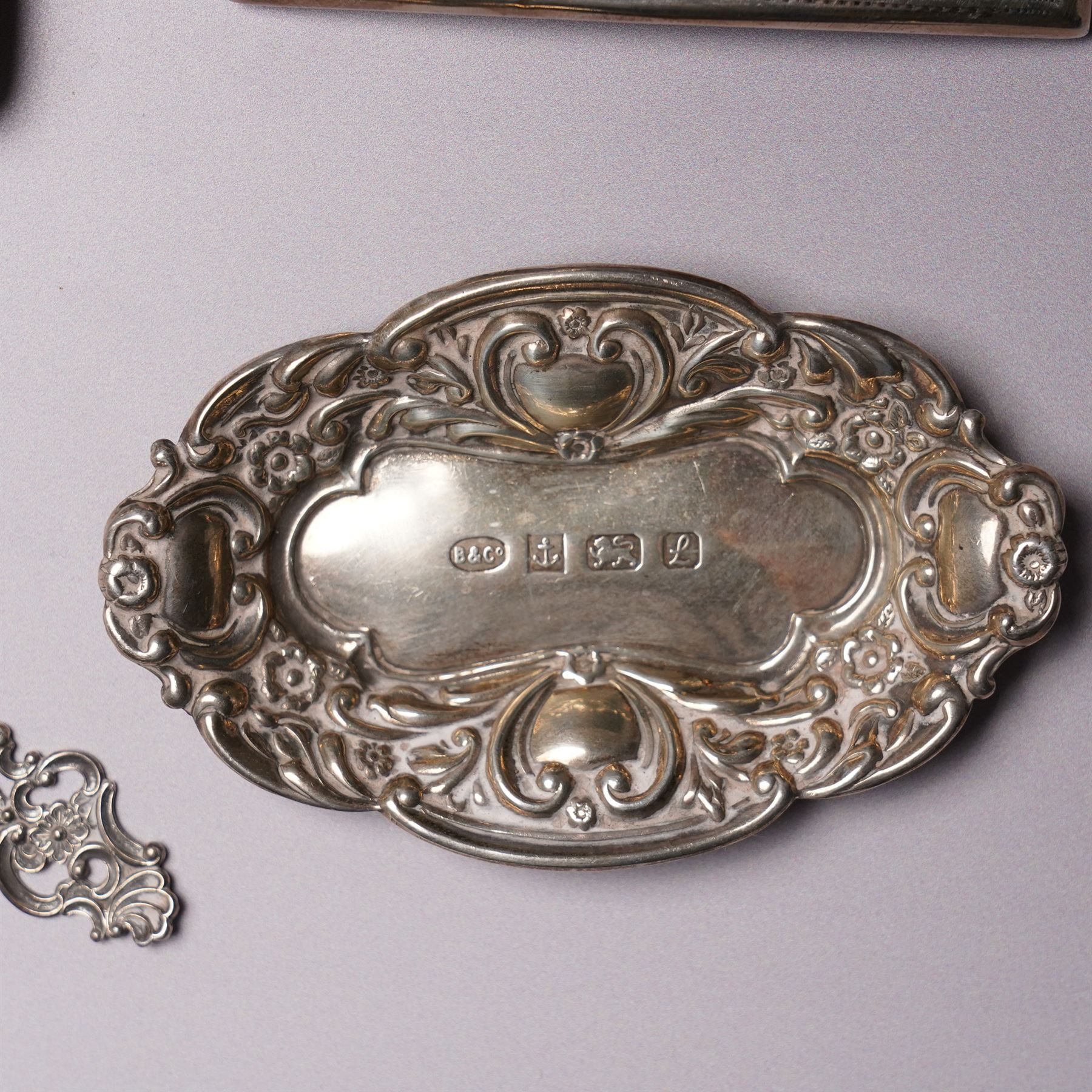 Edwardian engraved silver visiting card case Birmingham 1902 Maker Arthur Cook, silver cheroot case Birmingham 1906 Maker John Thompson & Sons, small silver sweetmeat dish, pair of shell salts, vesta case and a Norwegian silver fork by Th. Marthinsen