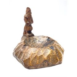 'Gnomeman' tooled oak ashtray, hexagonal form with carved standing gnome signature, by Thomas Whittaker of Littlebeck 
