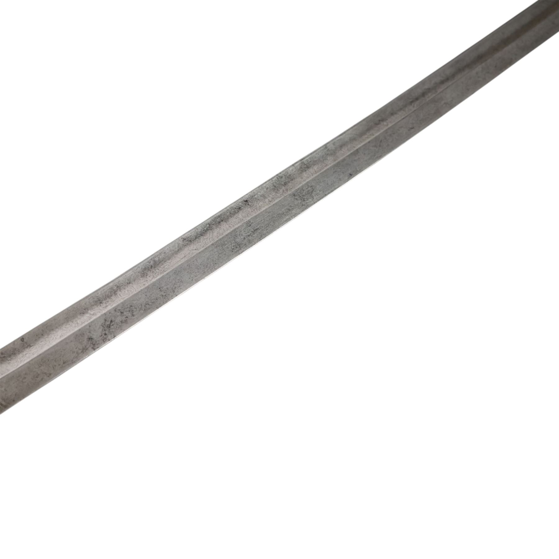 WWI Prussian Artillery Officer's dress sword, with 83cm single edge fullered steel blade, brass stirrup hilt, the langet with crossed cannon barrels and a vacant shield cartouche, the curved knuckle bow cast with acorns and oak leaves, wire bound grip and lion head pommel, with steel scabbard, overall L100cm