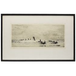 William Lionel Wyllie RA RWS (British 1851-1931): Cobles at Newbiggin - Northumberland, drypoint etching signed in pencil 21cm x 49cm