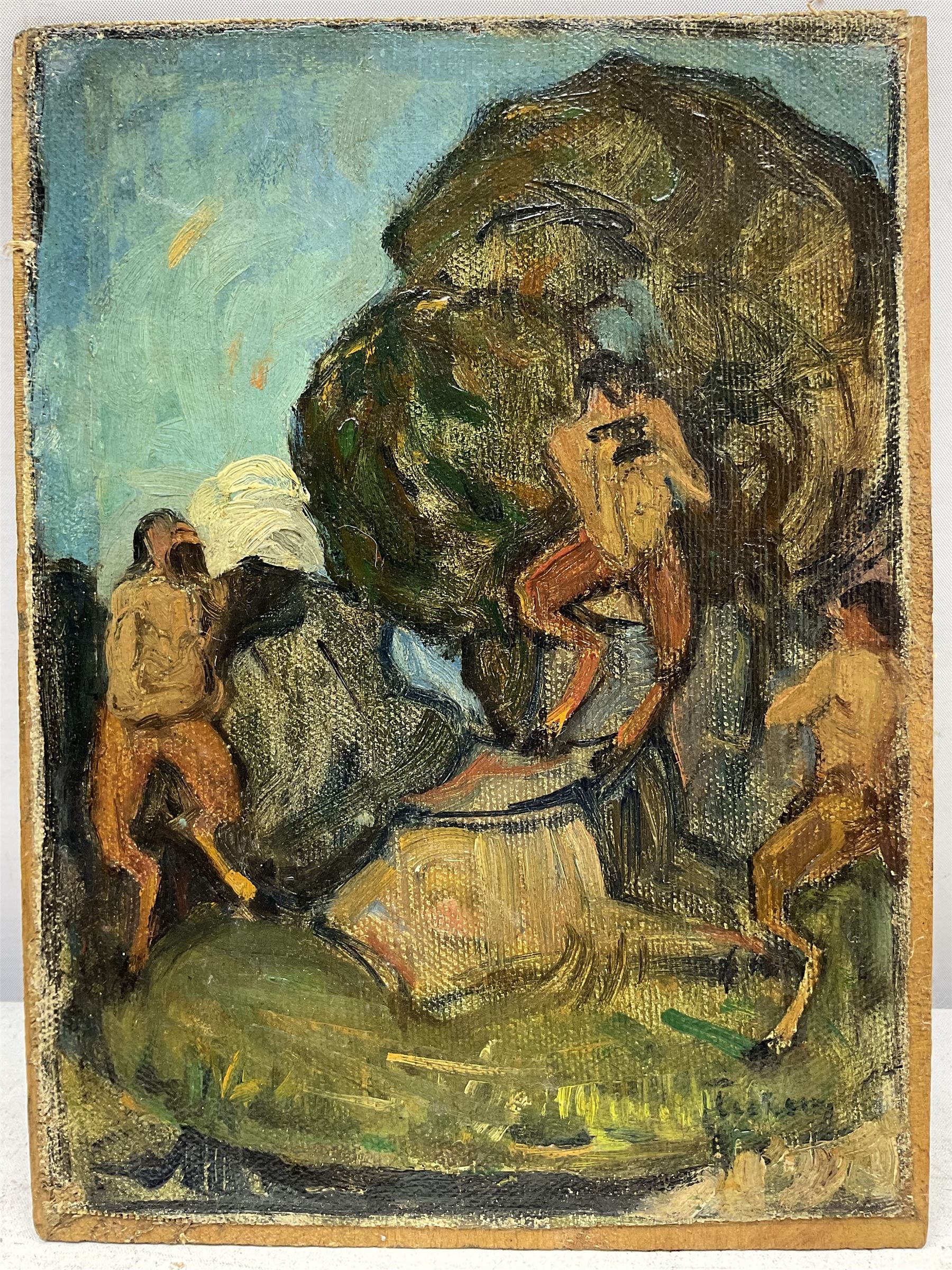 Circle of Ker-Xavier Roussel (French 1867-1944): Fauns in the Forest, oil on canvas laid on to panel indistinctly signed 22cm x 16cm (unframed)
