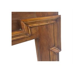 Victorian stained pine fire surround, projecting cornice with dentil moulding, panelled frieze and chamfered uprights on block supports