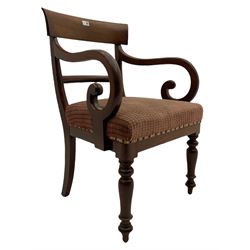 Late Victorian mahogany elbow chair, curved cresting rail over scrolled down swept arms, upholstered sprung seat, on turned front supports