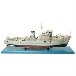Scale built wooden model of the minesweeper HMS Bronington M1115 on wooden base, under the...
