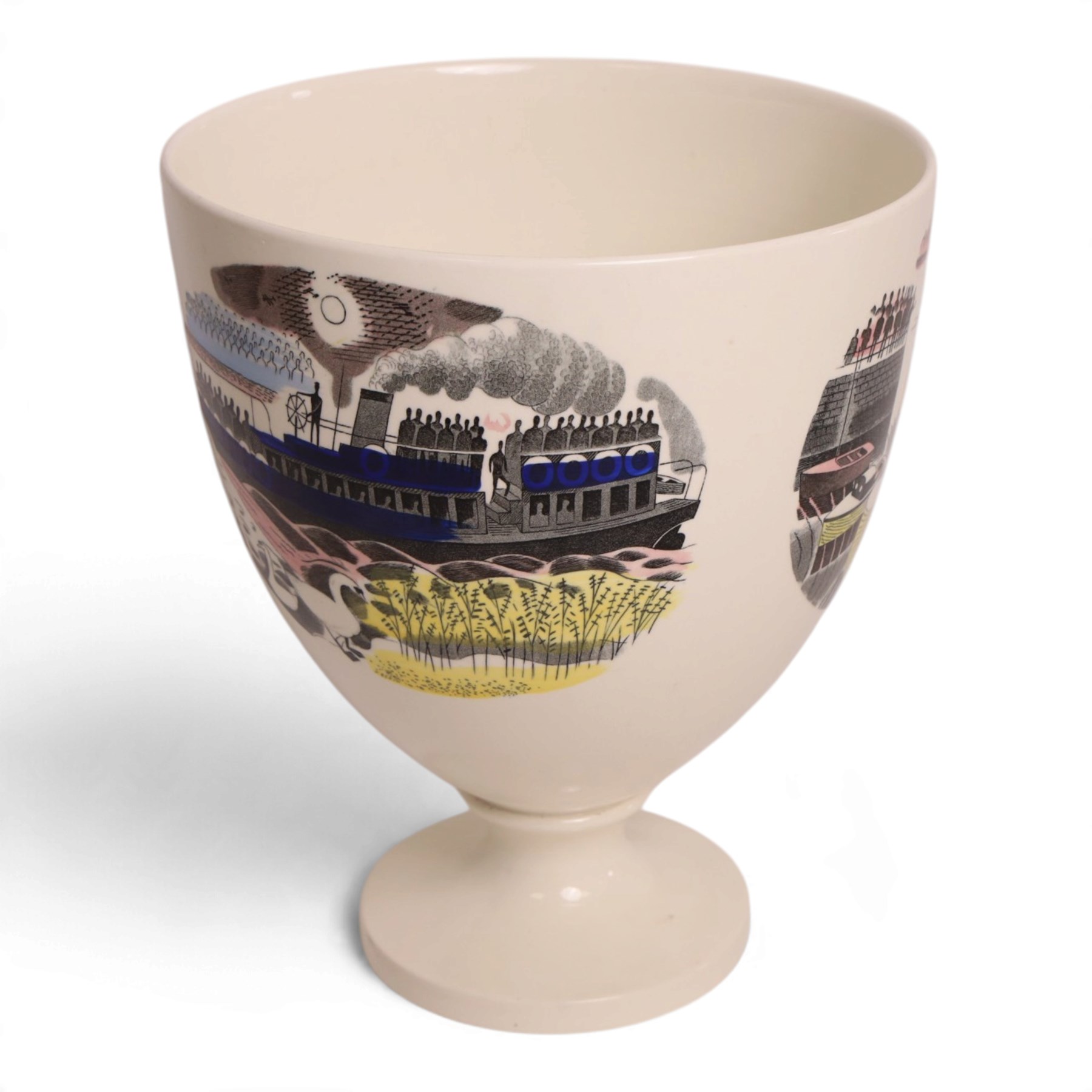 Eric Ravilious (British 1903-1942) for Wedgwood, a 'Ravilious' Boat Race pedestal vase, designed c1938, Queen's ware jug with transfer printing and hand painting, impressed and printed marks to base, H25.5cm 