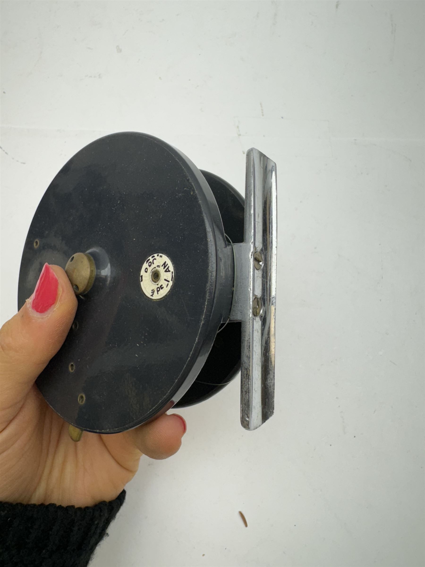 D. Slater, Newark, wood, alloy and brass star-back centre pin reel,  together with three other wooden/alloy reels including Edge Elite, Milbro Pelican and one other 