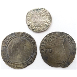  Three British hammered coins two sixpence pieces, 1584 and another with heavily worn date and a silver penny  