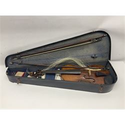 German trade violin c1900 with 35.5cm two-piece maple back and spruce top; bears label 'Made in Germany Apollo Class 6 No.2132' L59cm; in carrying case with two bows