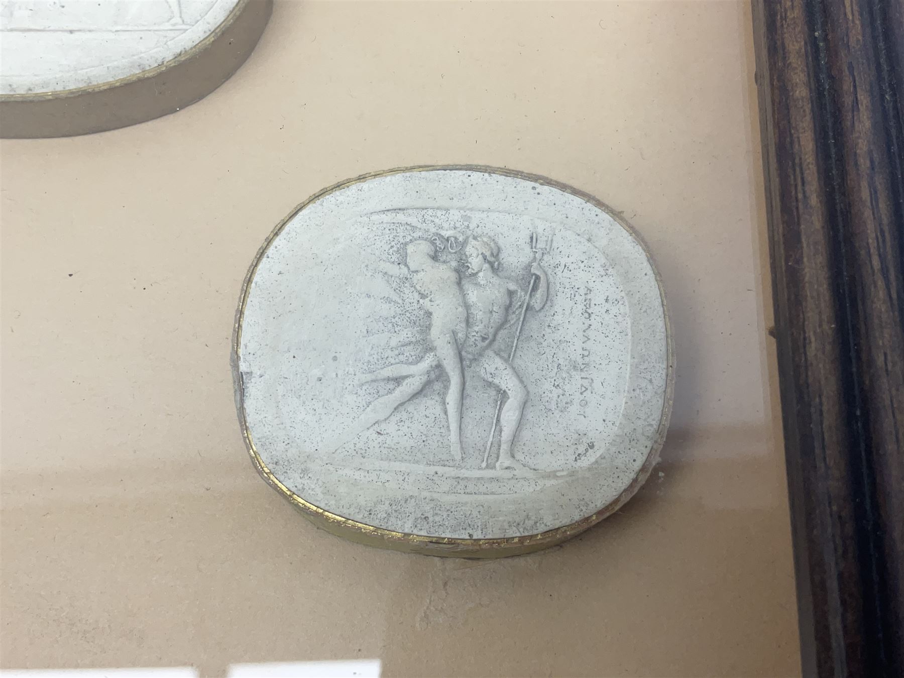 Set of six 19th century Grand Tour plaster intaglios, each depicting classical figures, frame H25cm, W19cm