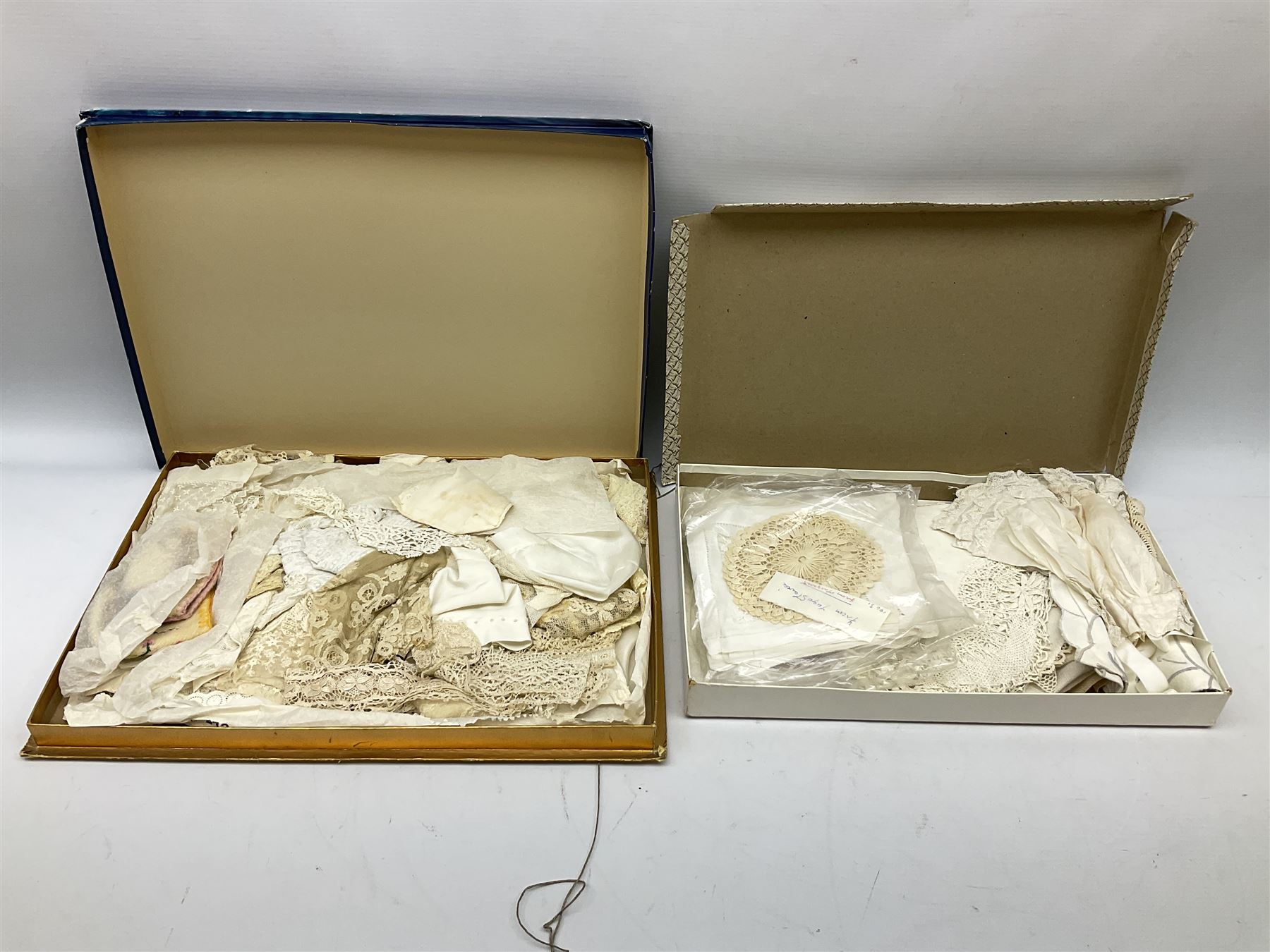 Large quantity of table linen and Victorian and later lace, framed machine tapestry depicting Greece, embroidered wall hanging decorated with a woodland scene with deer and blossoming tree, embroidered linen decorated with floral design, crochet, etc