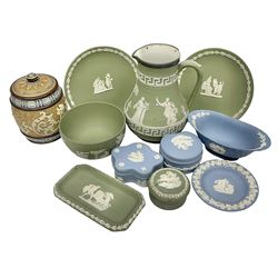Collection of Wedgwood Jasperware to include jug, bowl, plates, covered trinket dishes etc, together with Doulton Lambeth tobacco jar