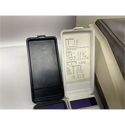 Four 1970s Sinclair electronic calculators - Cambridge in hard case with booklet; Scientific Programmable with Program Library and booklet; Scientific in hard case; and Oxford 300 in soft case with booklet; together with Texas PC-100 SR56 programmable slide-rule calculator on base station with readout, two booklets, keys and cover, serial no.9103093