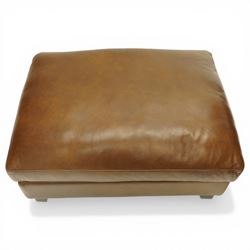Laura Ashley - late 20th century pouffe footstool of rectangular form, loose seat cushion and base upholstered in chocolate brown leather, on ebonised square tapering feet