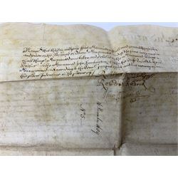 Three 17th/18th century manuscript deeds on vellum relating to properties in Bowling Alley Lane, Hull - one dated 16/12/1689 with seal 44 x 65cm; mortgage dated 20/2/1711 56 x 74cm; and assignment of mortgage dated 5/5/1727 with seal; all folded (3)