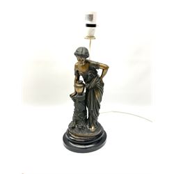 Pair of cast figural lamps, depicting a male piper and a female with an urn, both in a naturalist setting on wooden oval plinths H47, together with  a pair of orange lampshade with frill detail. 